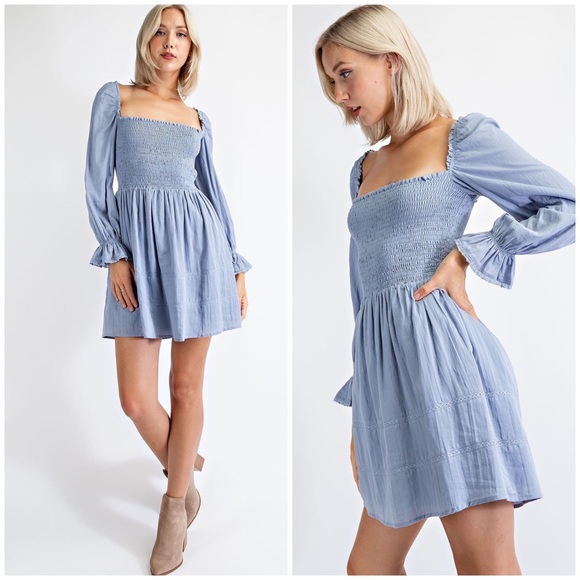 Edit By Nine Adorable Dusty Blue Smocked Bodice Long Puff Sleeves Dress - Picture 3 of 10